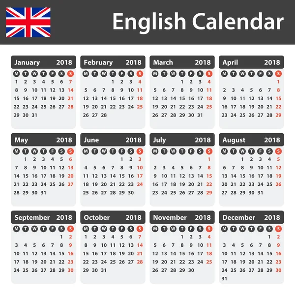 İngilizce takvim için 2018. Zamanlayıcı, gündem veya günlüğü şablonu. Hafta Pazartesi günü başlar