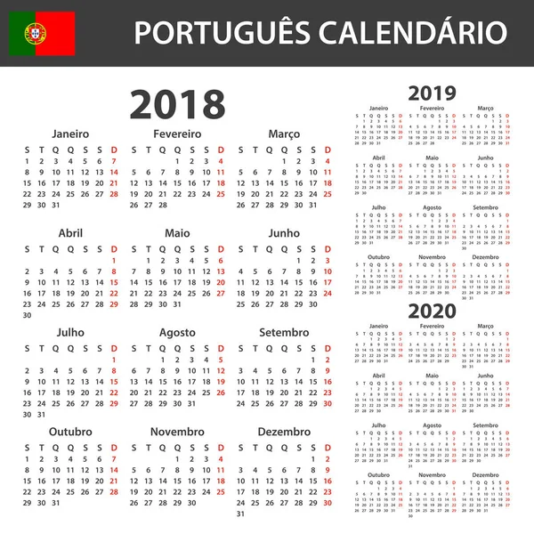 2018, 2019 ve 2020 için Portekizce takvim. Zamanlayıcı, gündem veya günlüğü şablonu. Hafta Pazartesi günü başlar