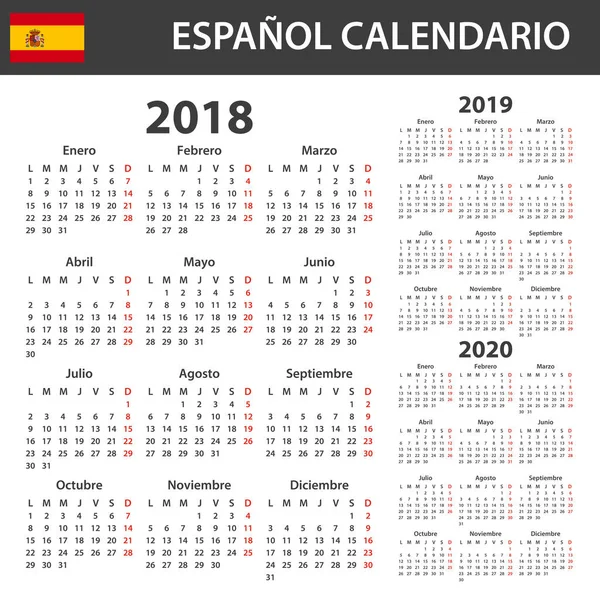 İspanyol takvim 2018, 2019 ve 2020 için. Zamanlayıcı, gündem veya günlüğü şablonu. Hafta Pazartesi günü başlar