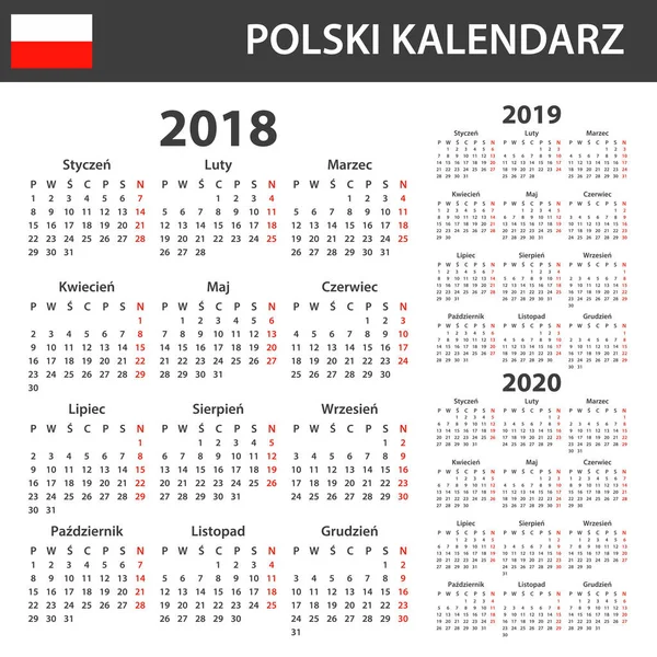 Polski kalendarz na 2018, 2019 i 2020. Harmonogram, agendy lub dziennik szablon. Tydzień rozpoczyna się w poniedziałek — Wektor stockowy