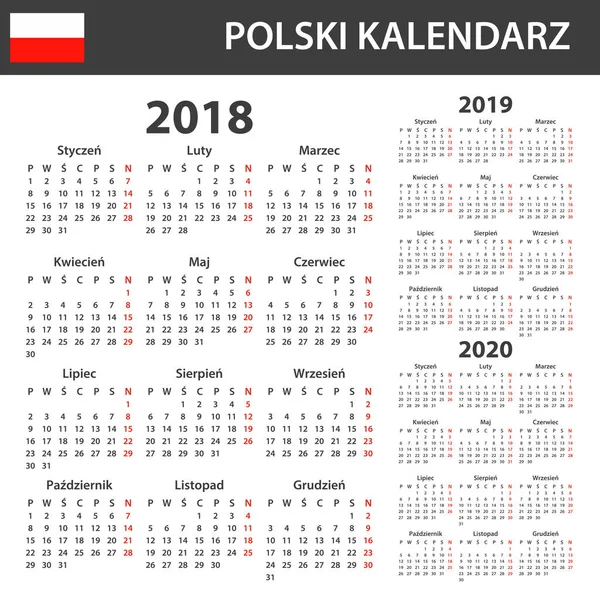 2018, 2019 ve 2020 için Lehçe takvim. Zamanlayıcı, gündem veya günlüğü şablonu. Hafta Pazartesi günü başlar