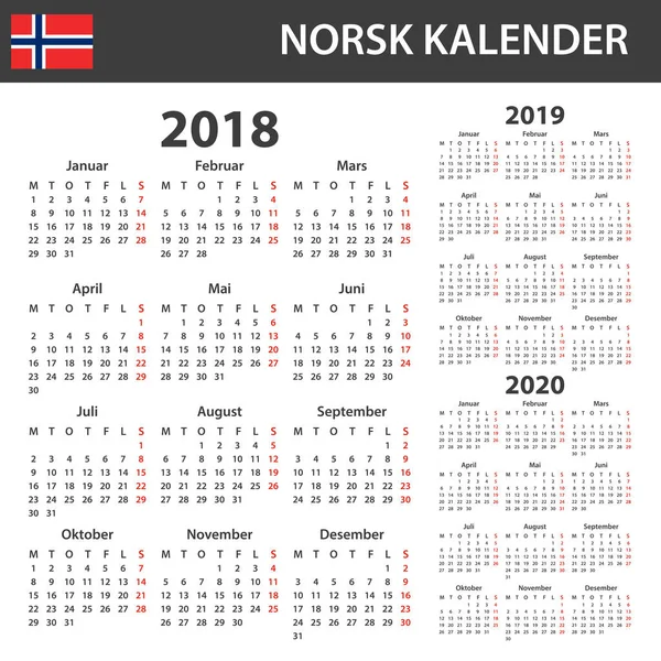 Norweski kalendarza 2018 2019 i 2020. Harmonogram, agendy lub dziennik szablon. Tydzień rozpoczyna się w poniedziałek — Wektor stockowy