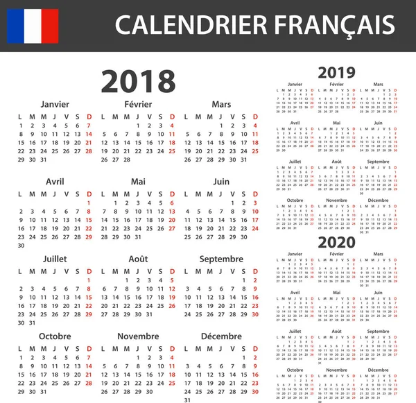 Französischer Kalender für 2018, 2019 und 2020. planer, agenda oder tagebuch-vorlage. Woche beginnt am Montag — Stockvektor