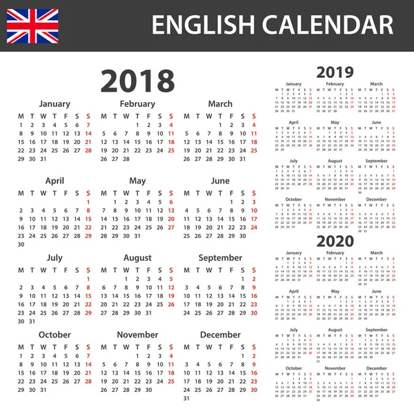 2018, 2019 ve 2020 için İngilizce takvim. Zamanlayıcı, gündem veya günlüğü şablonu. Hafta Pazartesi günü başlar