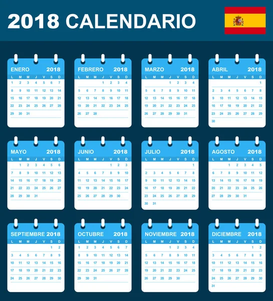 Ισπανικά ημερολόγιο για το 2018. Πρότυπο χρονοδιαγράμματος, ατζέντα ή το ημερολόγιο. Εβδομάδα ξεκινά τη Δευτέρα — Διανυσματικό Αρχείο