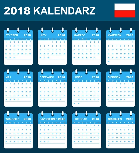 Polski kalendarz do 2018 r. Harmonogram, agendy lub dziennik szablon. Tydzień rozpoczyna się w poniedziałek — Wektor stockowy