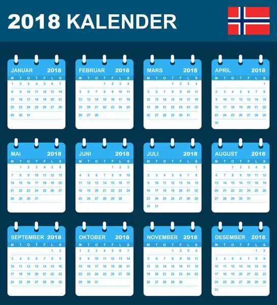 Calendário norueguês para 2018. Programador, agenda ou modelo de diário. Semana começa na segunda —  Vetores de Stock