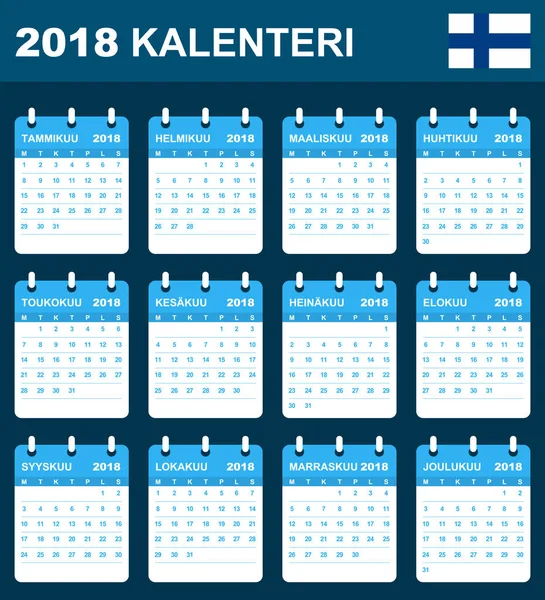 Fiński kalendarza do 2018 r. Harmonogram, agendy lub dziennik szablon. Tydzień rozpoczyna się w poniedziałek — Wektor stockowy