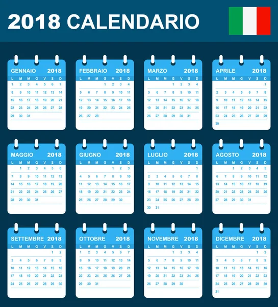 Calendario italiano para 2018. Programador, agenda o plantilla de diario. La semana comienza el lunes — Archivo Imágenes Vectoriales