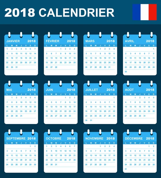 2018에 대 한 프랑스 달력입니다. 스케줄러, 일정 또는 일기 템플릿. 주는 월요일에 시작 — 스톡 벡터