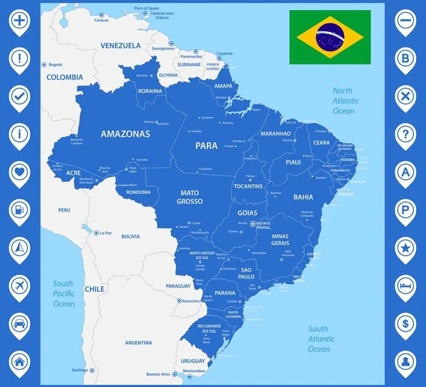 The detailed map of the Brazil with regions or states and cities, capitals. With map pins or pointers. Place location markers or signs — Stock Vector