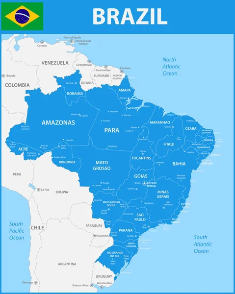 El mapa detallado del Brasil con regiones o estados y ciudades, capitales . — Archivo Imágenes Vectoriales