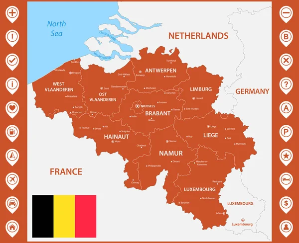 Τον λεπτομερή χάρτη του Βελγίου με περιφέρειες ή κράτη μέλη και πόλεις, πρωτεύουσες. Με πινέζες στο χάρτη ή δείκτες. Τοποθετήστε δείκτες τοποθεσίας ή σημάδια — Διανυσματικό Αρχείο