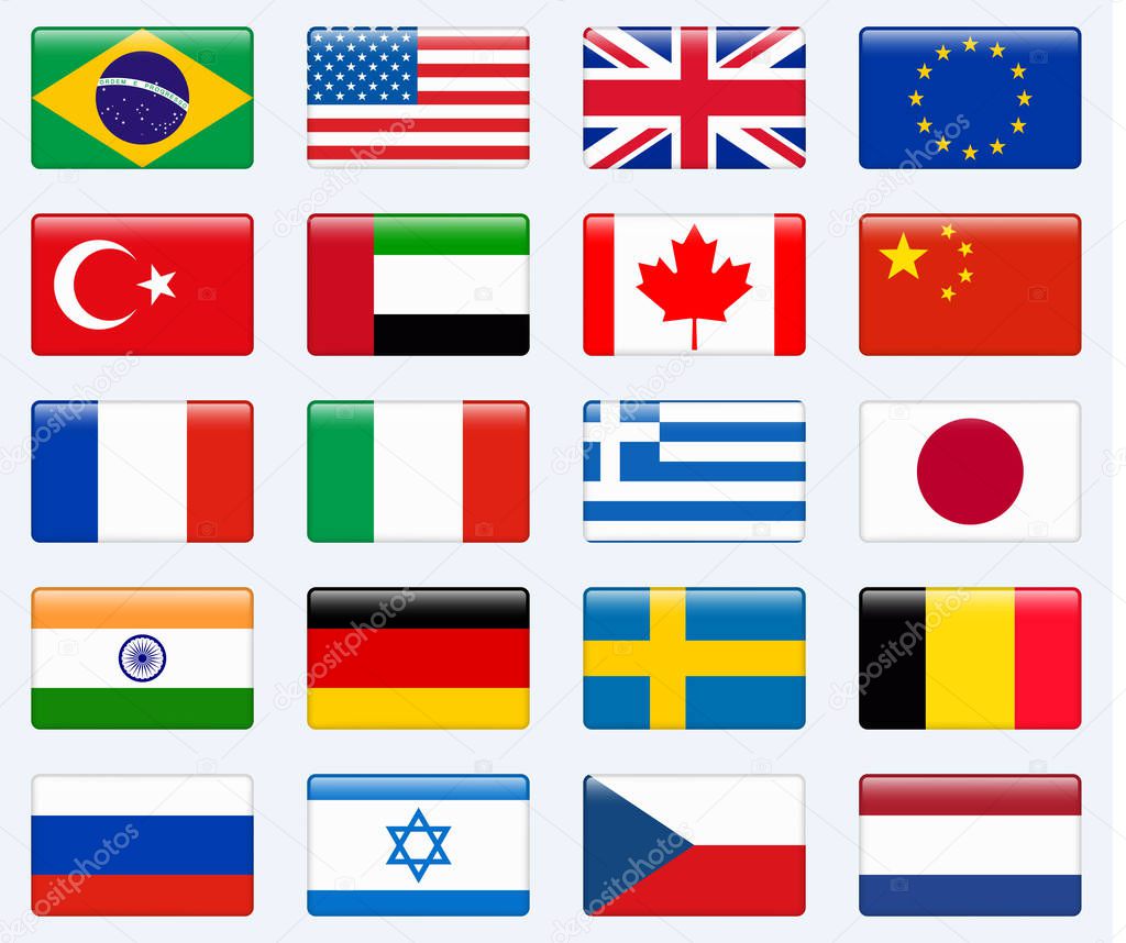 Conjunto de bandeiras do país popular. Brilhante rectângulo icon set