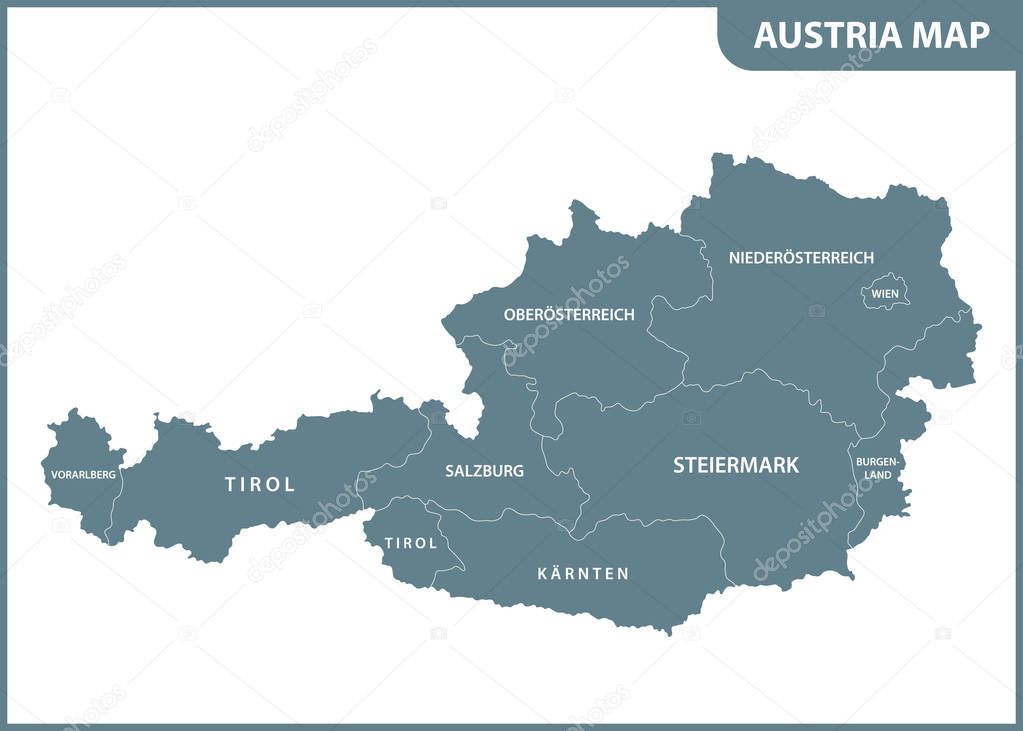 The detailed map of the Austria with regions