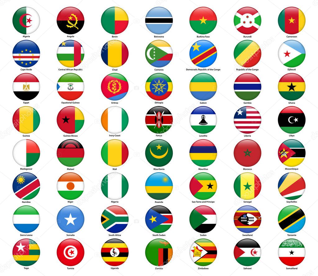 Set of flags of all African countries. Glossy round style