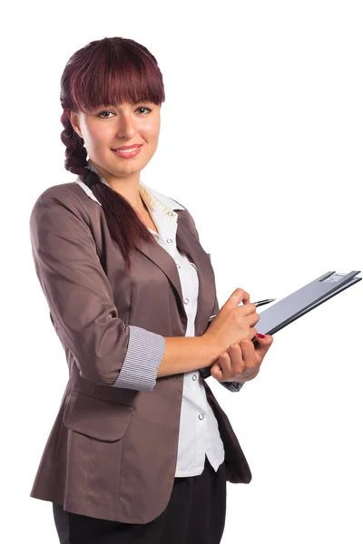 Retrato de mujer de negocios feliz con portapapeles y una pluma — Foto de Stock