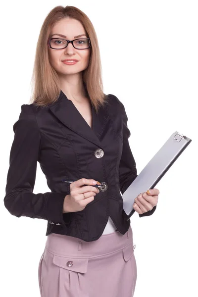 Smiling woman with clipboard isolated — Stock Photo, Image