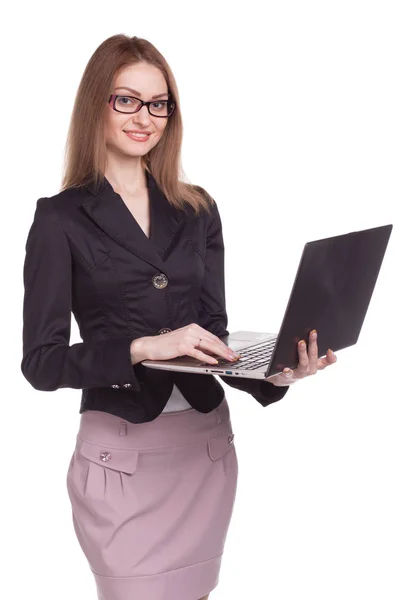 Mujer de negocios con portátil abierto sobre fondo blanco —  Fotos de Stock