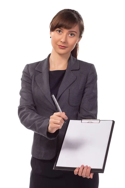 Pretty businesswoman with clipboard offer to sign contract — Stock Photo, Image