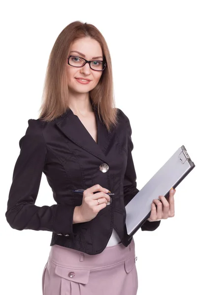 Smiling woman with clipboard isolated — Stock Photo, Image