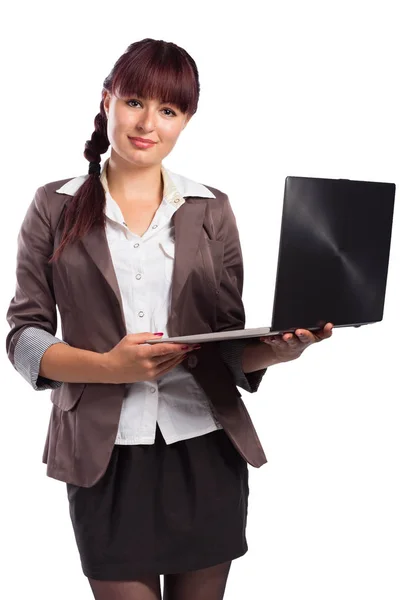 Jovem mulher de negócios bonita com laptop isolado no branco — Fotografia de Stock