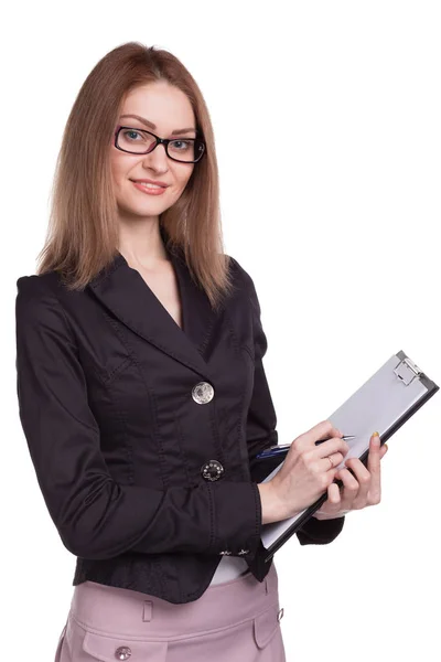 Smiling woman with clipboard isolated — Stock Photo, Image