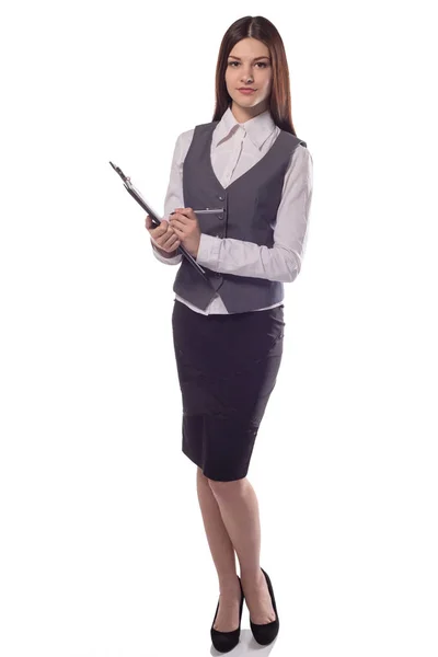 Smiling woman manager or teacher with clipboard isolated — Stock Photo, Image