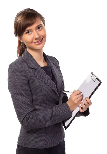 Smiling woman with clipboard isolated — Stock Photo, Image