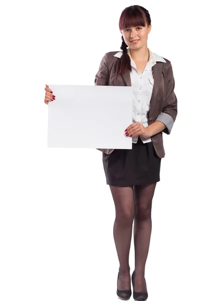 Smiling woman holding blank business sign board — Stock Photo, Image