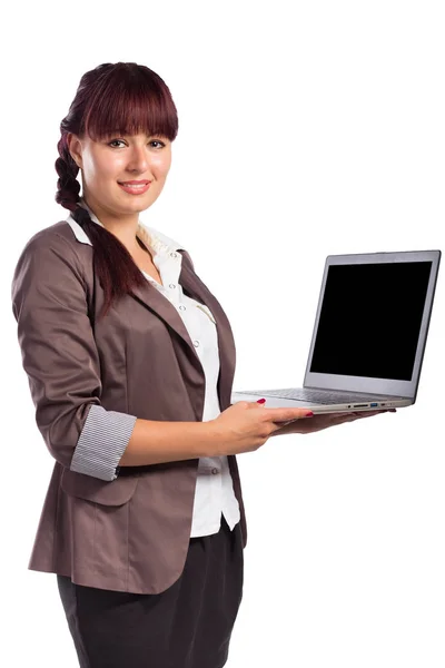 Young Smiling Business Woman With Laptop isolated on white — Stock Photo, Image