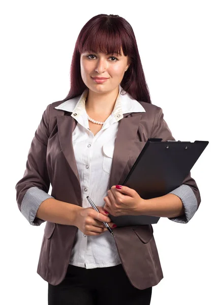 Portrait of smiling business woman with clipboard and a pen — Stock Photo, Image