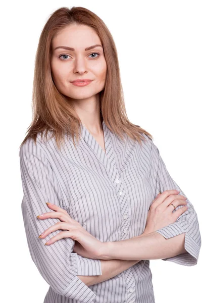 Mujer de negocios sonriente o maestra con el brazo doblado aislado — Foto de Stock