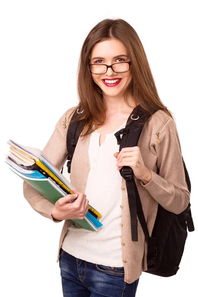 Schönes Mädchen mit Rucksack und Notizbüchern — Stockfoto