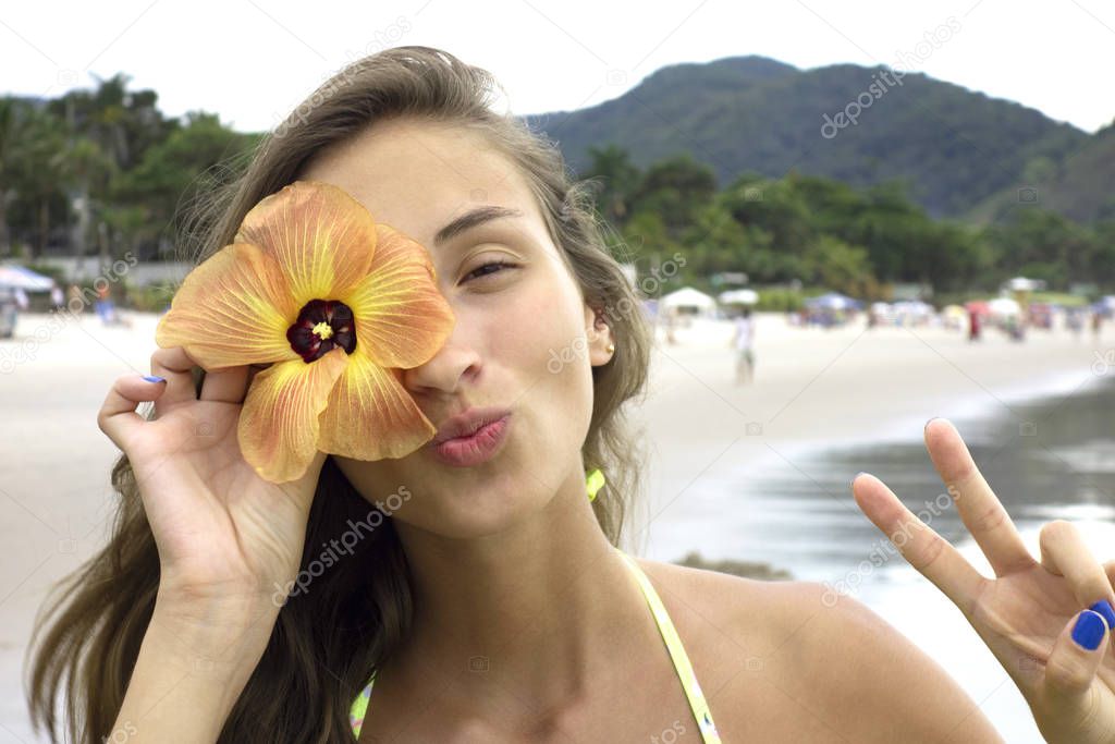 Beautiful brazilian girl at Juquehy Beach Scenes.