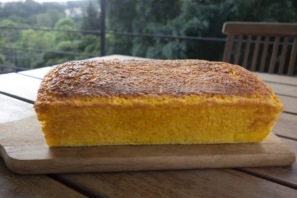 Delicious slice of corn cake with guava syrup