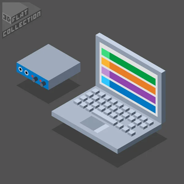 Ordinateur portable plat isométrique 3d et interface audio — Image vectorielle