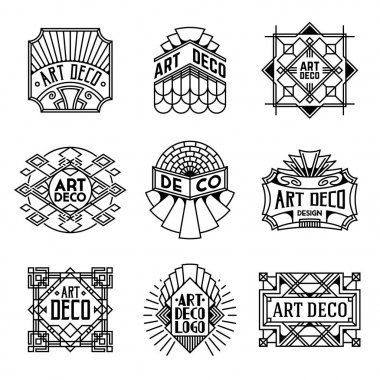 Çeşitli sanat Deco Insignias Retro tasarım Logotypes şablon kümesi. Hat sanat vektör Vintage stili öğeleri de o. Zarif geometrik parlak kare