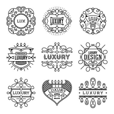 Retro tasarım lüks Insignias logolar şablon kümesi. Hat sanat vektör Vintage tarzı Victoria süs öğeleri. Zarif geometrik parlak çiçek çerçeveler