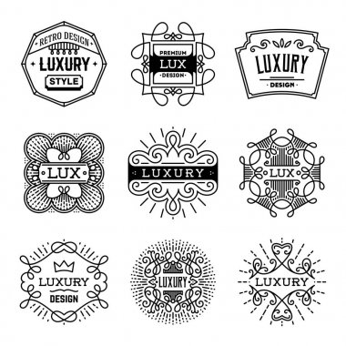 Retro tasarım lüks Insignias logolar şablon kümesi. Hat sanat vektör Vintage tarzı Victoria süs öğeleri. Zarif geometrik parlak çiçek çerçeveler