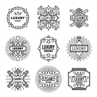 Retro tasarım lüks Insignias logolar şablon kümesi. Hat sanat vektör Vintage tarzı Victoria süs öğeleri. Zarif geometrik parlak çiçek çerçeveler