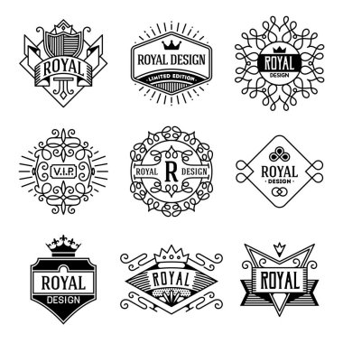 Retro tasarım lüks Insignias logolar şablon kümesi. Hat sanat vektör Vintage tarzı Victoria süs öğeleri. Zarif geometrik parlak çiçek çerçeveler