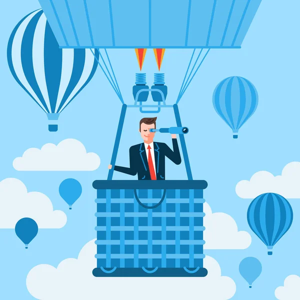 Hőlégballon Távcsővel Üzletember Keres Felfedező Kutatások — Stock Vector