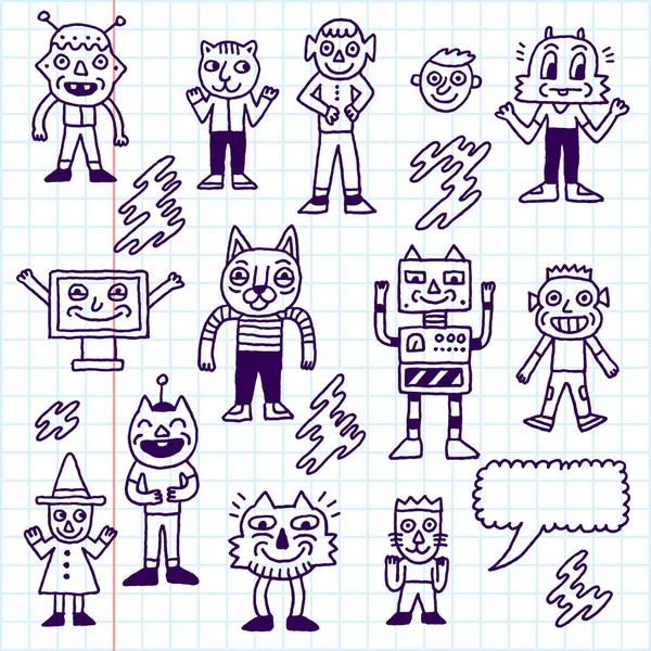 Personagens Doodle Malucos Engraçados Esboço Vector Ilustrações — Vetor de Stock