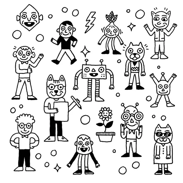 Personaggi Strani Divertenti Doodle Illustrazioni Vettoriali Contorno — Vettoriale Stock