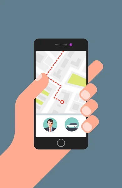Mano Tenendo Smartphone Con Taxi App Navigare Percorso Posizione Punto — Vettoriale Stock