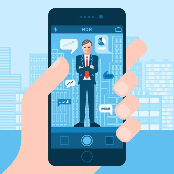 Affärsman Smartphone Kamera Skärm Foto Stadens Byggnader Bakgrund Vektorgrafik