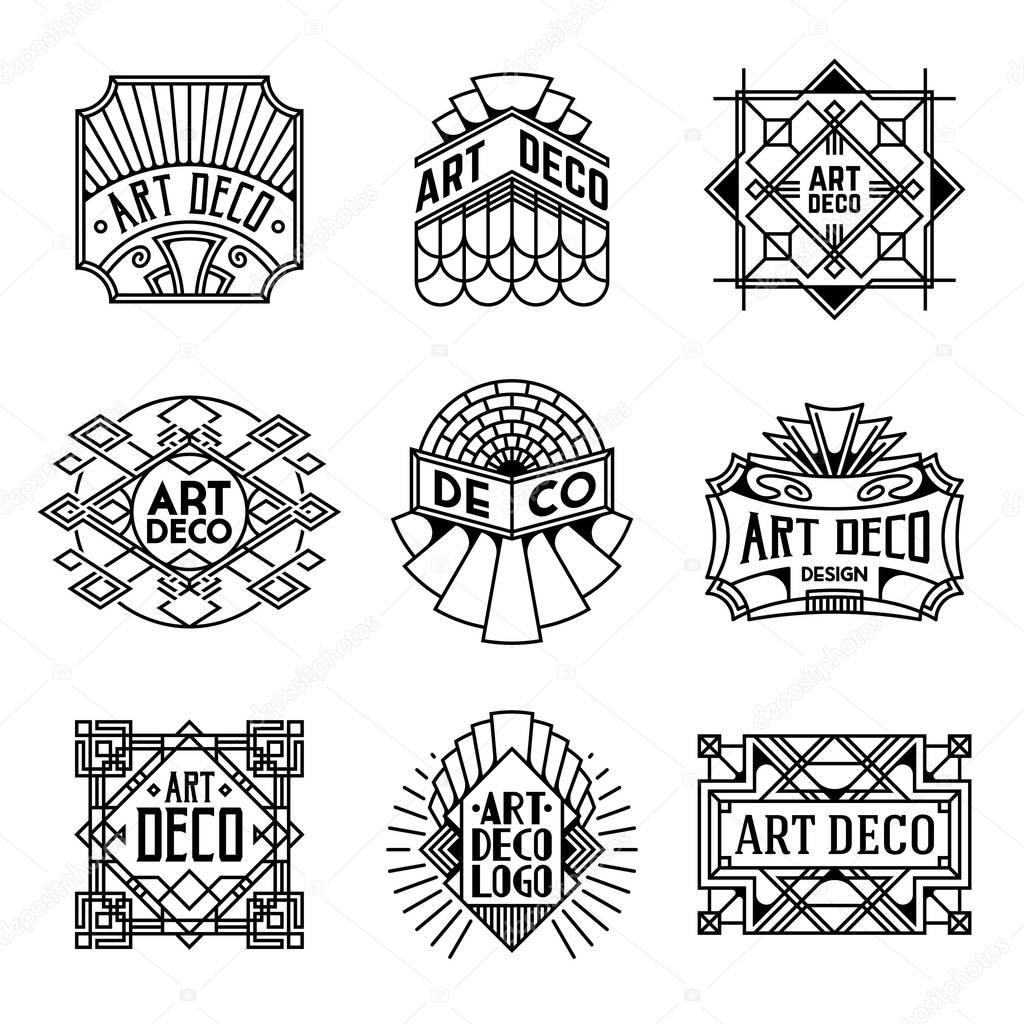 Assorted Art Deco Insignias Retro Design Logotypes Template Set. Line Art Vector Vintage Style Elements. Elegant Geometric Shiny Frames