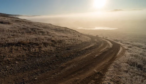 Montagnes Automne Lever Soleil Dans Brouillard — Photo