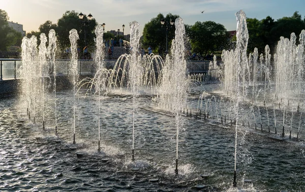 Fontaine Parc Coucher Soleil — Photo